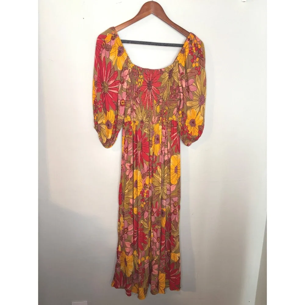 Angie Floral Smocked Maxi Dress S Yellow Red Boho Puff Sleeve Cottagecore - Picture 1 of 6